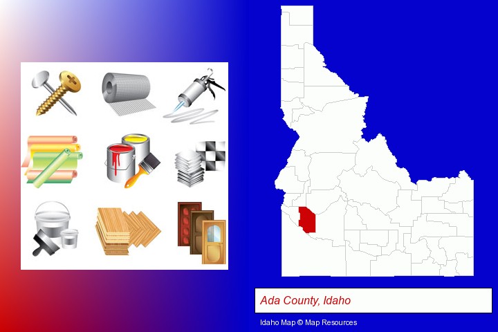 representative building materials; Ada County, Idaho highlighted in red on a map