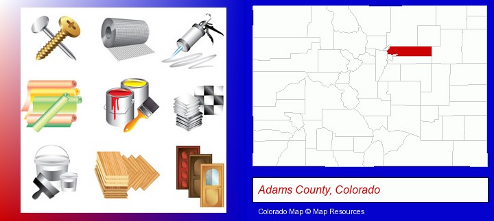 representative building materials; Adams County, Colorado highlighted in red on a map