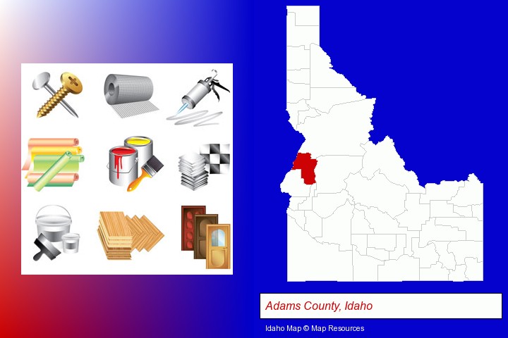 representative building materials; Adams County, Idaho highlighted in red on a map