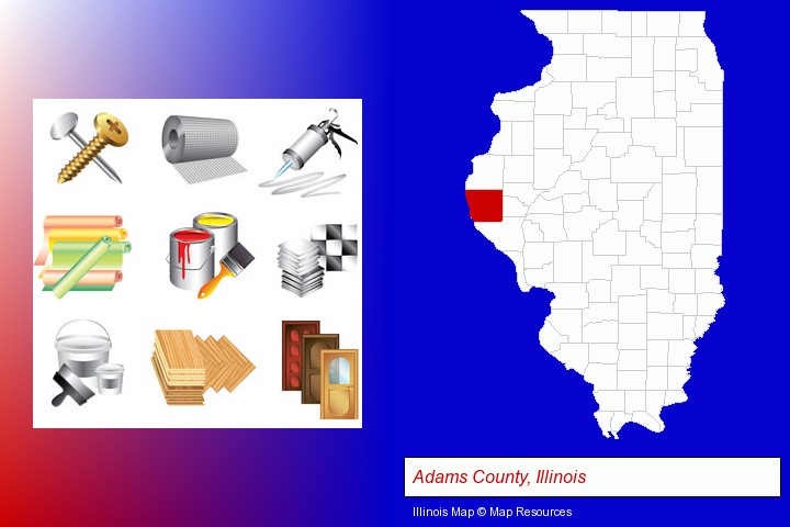 representative building materials; Adams County, Illinois highlighted in red on a map
