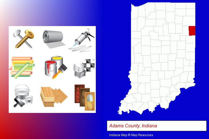 representative building materials; Adams County, Indiana highlighted in red on a map