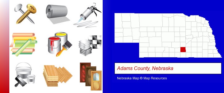 representative building materials; Adams County, Nebraska highlighted in red on a map