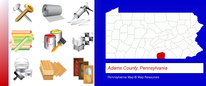 representative building materials; Adams County, Pennsylvania highlighted in red on a map