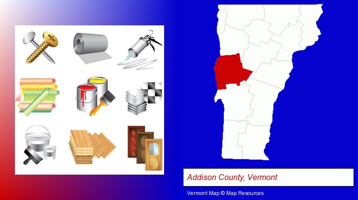 representative building materials; Addison County, Vermont highlighted in red on a map