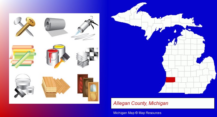 representative building materials; Allegan County, Michigan highlighted in red on a map