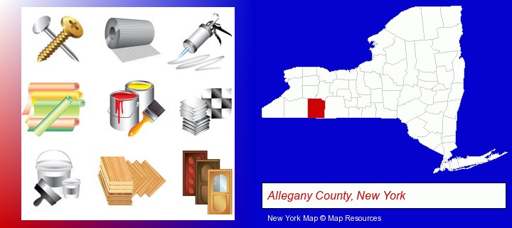 representative building materials; Allegany County, New York highlighted in red on a map