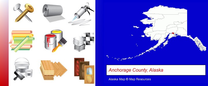 representative building materials; Anchorage County, Alaska highlighted in red on a map