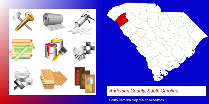 representative building materials; Anderson County, South Carolina highlighted in red on a map
