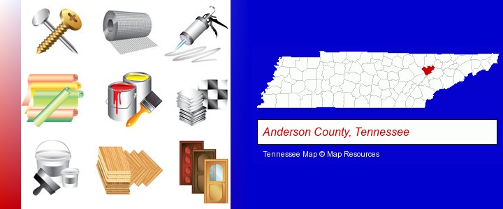 representative building materials; Anderson County, Tennessee highlighted in red on a map