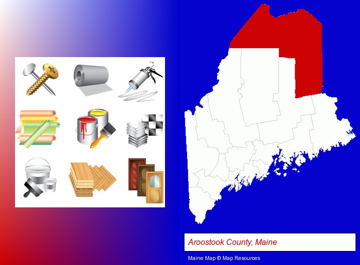 representative building materials; Aroostook County, Maine highlighted in red on a map