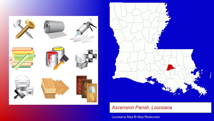 representative building materials; Ascension Parish, Louisiana highlighted in red on a map