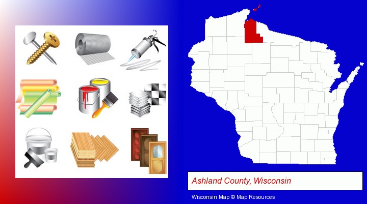 representative building materials; Ashland County, Wisconsin highlighted in red on a map