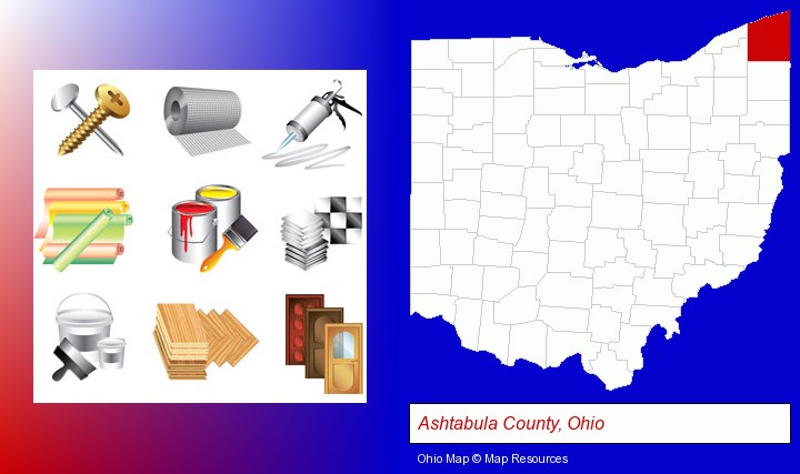 representative building materials; Ashtabula County, Ohio highlighted in red on a map