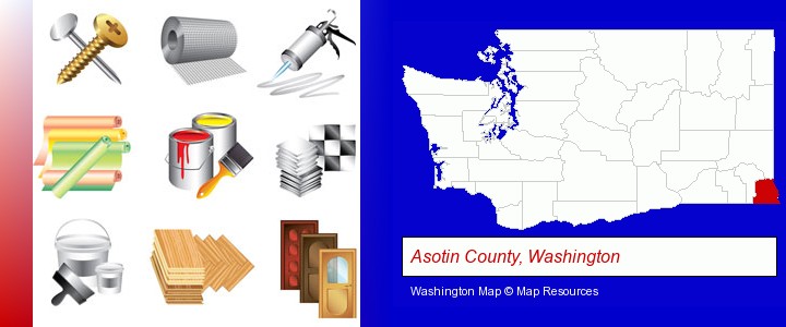 representative building materials; Asotin County, Washington highlighted in red on a map