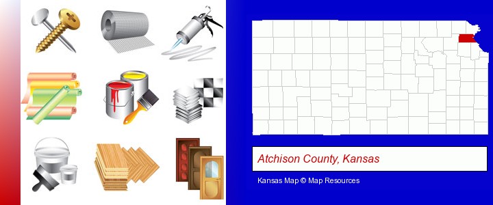 representative building materials; Atchison County, Kansas highlighted in red on a map