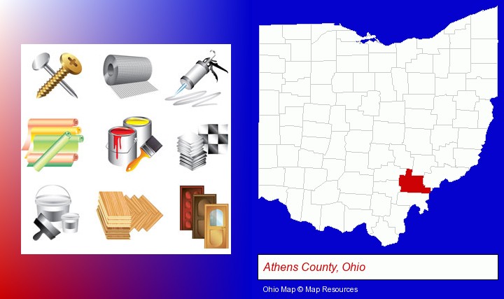 representative building materials; Athens County, Ohio highlighted in red on a map