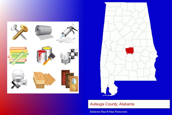 representative building materials; Autauga County, Alabama highlighted in red on a map