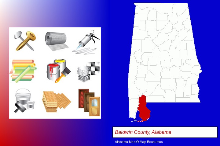 representative building materials; Baldwin County, Alabama highlighted in red on a map