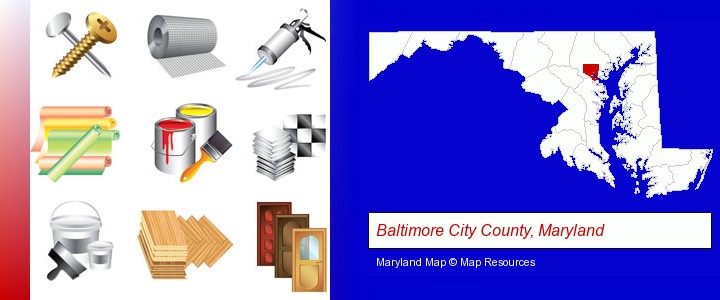 representative building materials; Baltimore City County, Maryland highlighted in red on a map