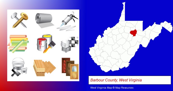 representative building materials; Barbour County, West Virginia highlighted in red on a map