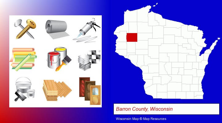 representative building materials; Barron County, Wisconsin highlighted in red on a map