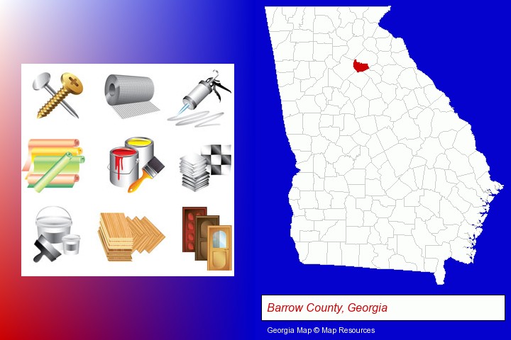 representative building materials; Barrow County, Georgia highlighted in red on a map