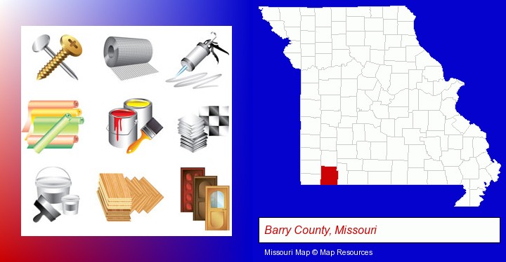 representative building materials; Barry County, Missouri highlighted in red on a map