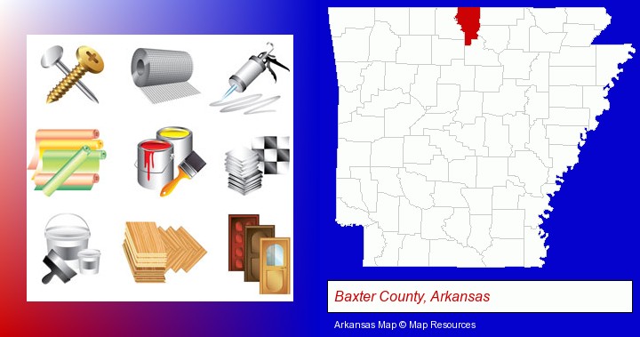 representative building materials; Baxter County, Arkansas highlighted in red on a map