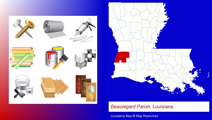 representative building materials; Beauregard Parish, Louisiana highlighted in red on a map