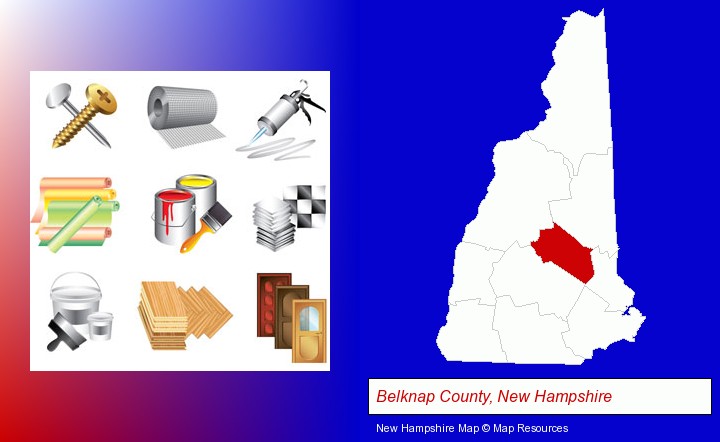 representative building materials; Belknap County, New Hampshire highlighted in red on a map