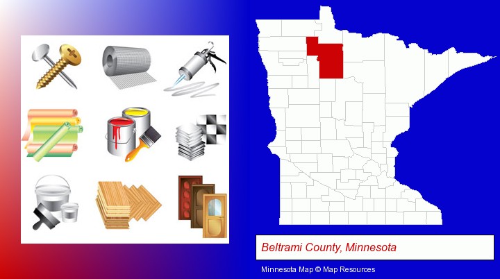 representative building materials; Beltrami County, Minnesota highlighted in red on a map