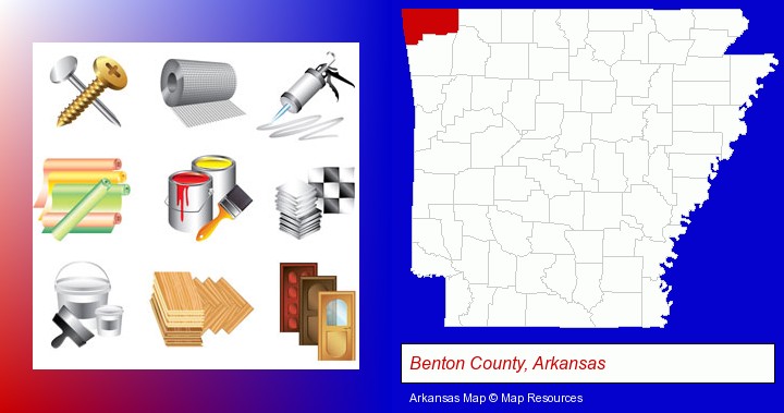 representative building materials; Benton County, Arkansas highlighted in red on a map