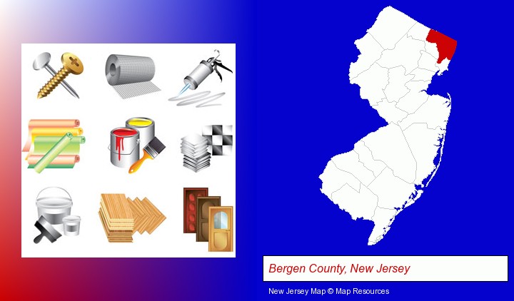 representative building materials; Bergen County, New Jersey highlighted in red on a map