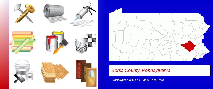 representative building materials; Berks County, Pennsylvania highlighted in red on a map