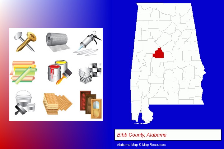 representative building materials; Bibb County, Alabama highlighted in red on a map