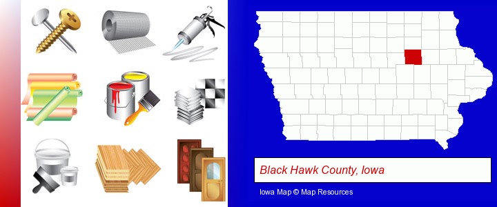 representative building materials; Black Hawk County, Iowa highlighted in red on a map
