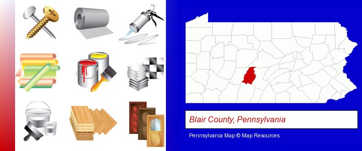 representative building materials; Blair County, Pennsylvania highlighted in red on a map