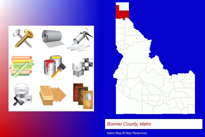 representative building materials; Bonner County, Idaho highlighted in red on a map