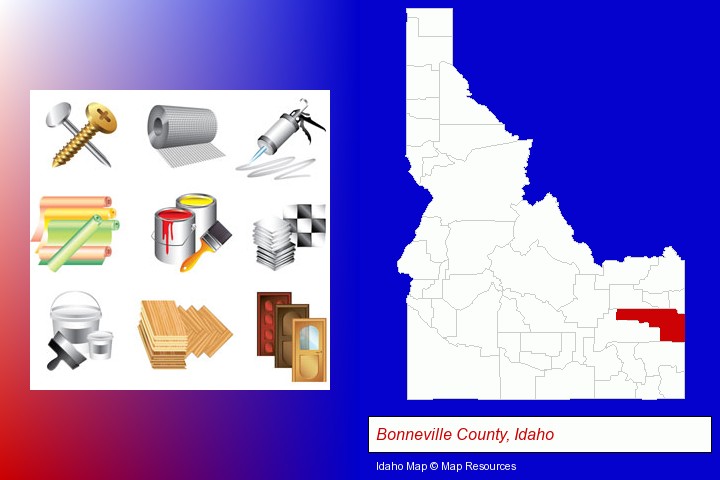 representative building materials; Bonneville County, Idaho highlighted in red on a map