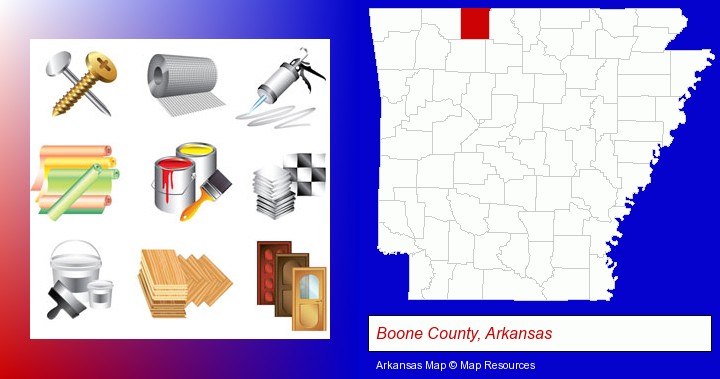 representative building materials; Boone County, Arkansas highlighted in red on a map