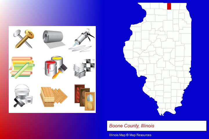 representative building materials; Boone County, Illinois highlighted in red on a map