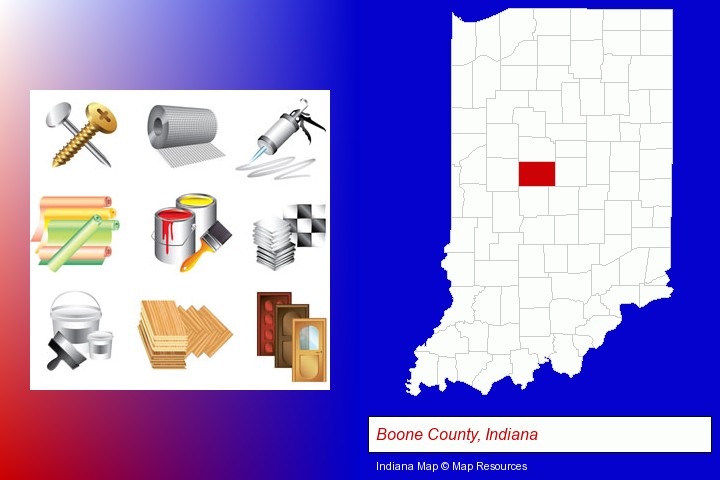 representative building materials; Boone County, Indiana highlighted in red on a map