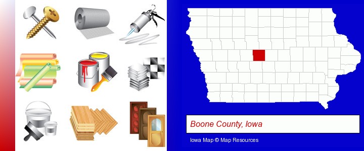 representative building materials; Boone County, Iowa highlighted in red on a map