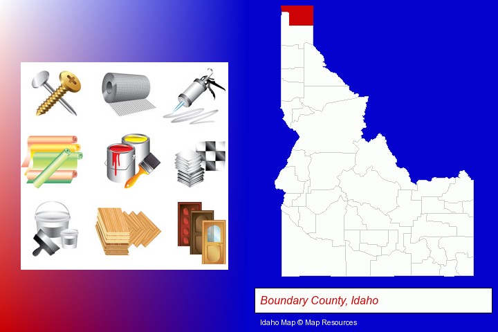 representative building materials; Boundary County, Idaho highlighted in red on a map