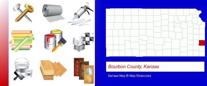 representative building materials; Bourbon County, Kansas highlighted in red on a map