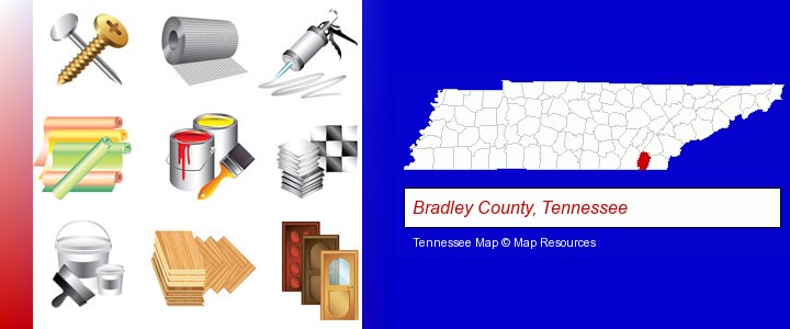 representative building materials; Bradley County, Tennessee highlighted in red on a map