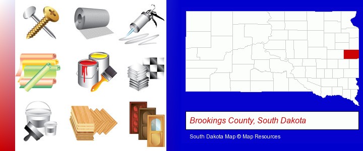 representative building materials; Brookings County, South Dakota highlighted in red on a map