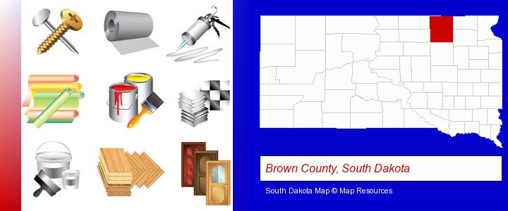 representative building materials; Brown County, South Dakota highlighted in red on a map