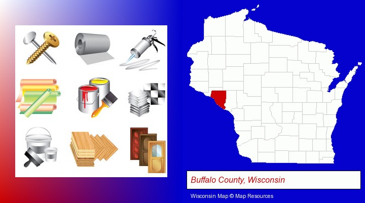 representative building materials; Buffalo County, Wisconsin highlighted in red on a map