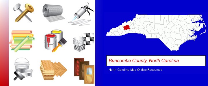 representative building materials; Buncombe County, North Carolina highlighted in red on a map